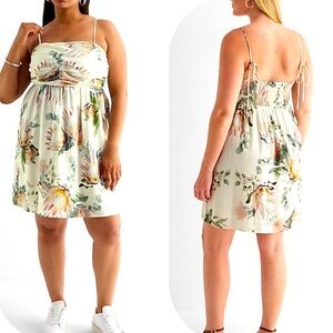 NWT Express XL Linen Blend Floral Ruched Mini Babydoll Dress